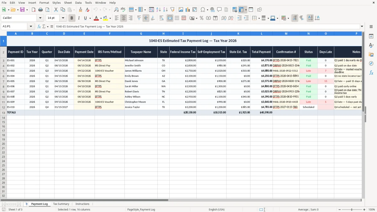 Skärmbild 1: fliken Payment Log - Excelmall 1040 es estimated tax payment log excel template