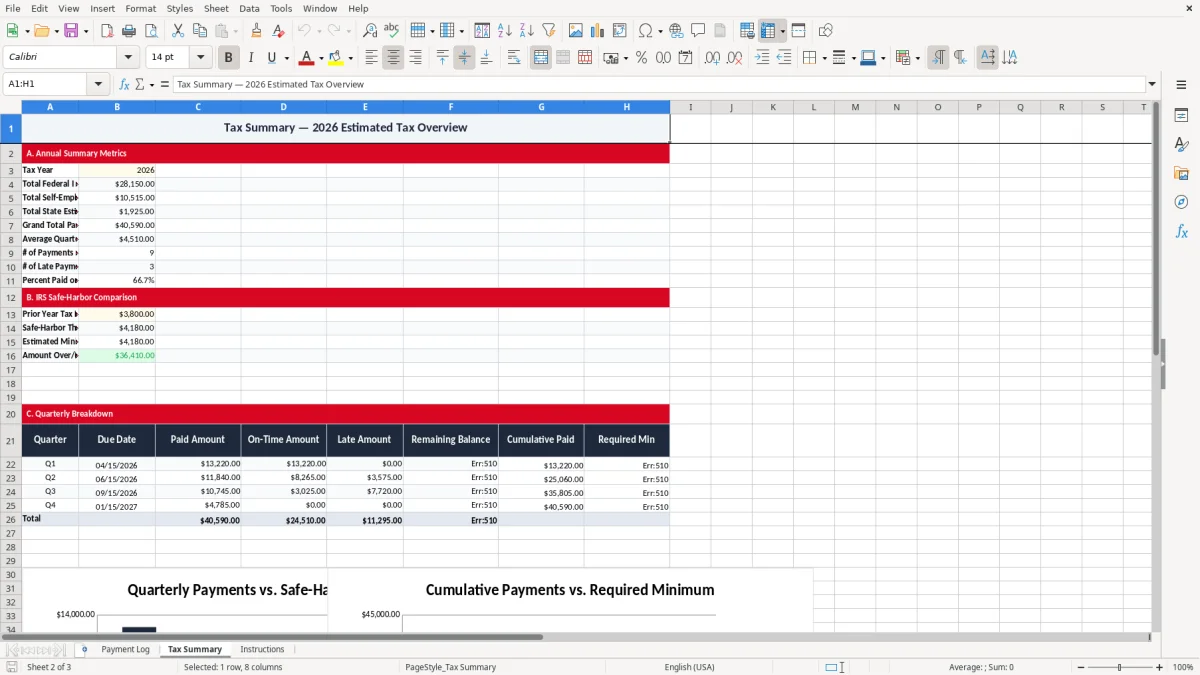 Skärmbild 2: fliken Tax Summary - Excelmall 1040 es estimated tax payment log excel template