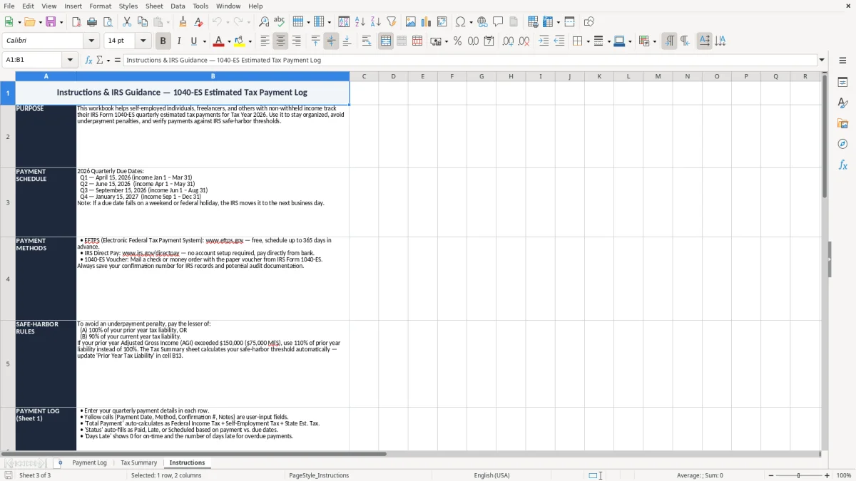 Skärmbild 3: fliken Instructions - Excelmall 1040 es estimated tax payment log excel template