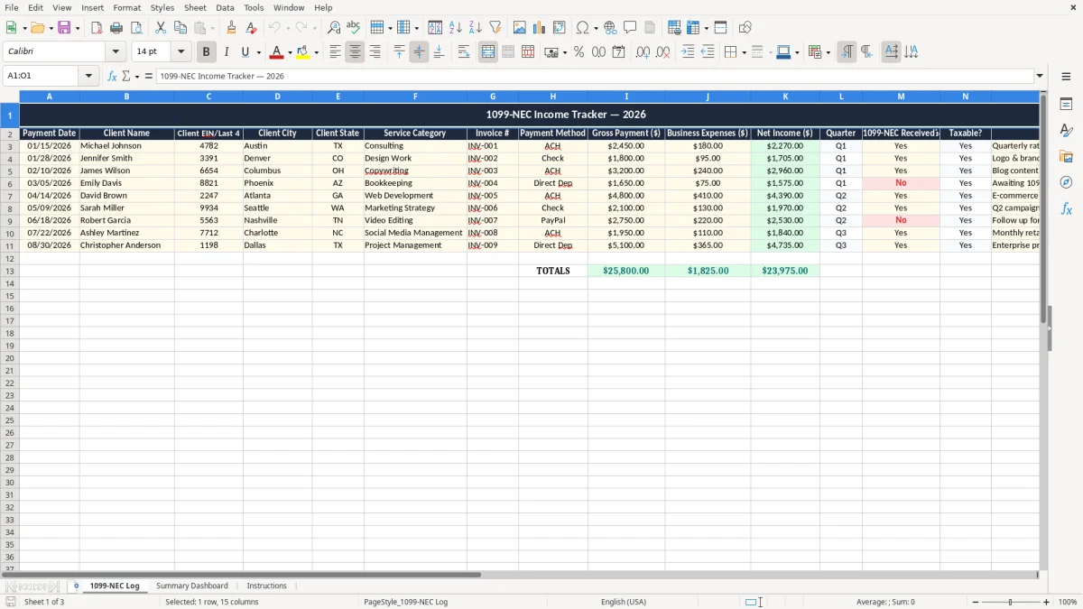 Skärmbild 1: fliken 1099-NEC Log - Excelmall 1099 nec income tracker excel spreadsheet