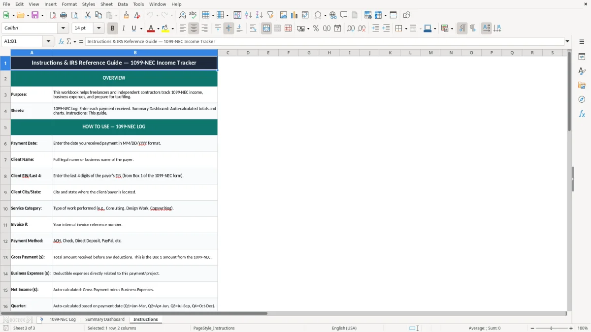 Skärmbild 3: fliken Instructions - Excelmall 1099 nec income tracker excel spreadsheet