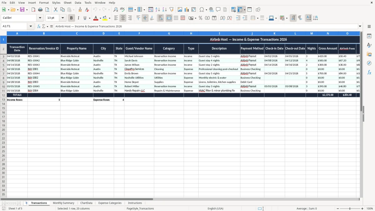 Screenshot 1: Transactions tab - Excel template airbnb host income and expense excel template
