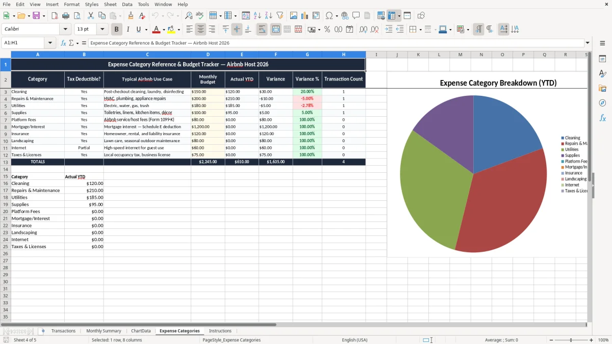 Screenshot 4: Expense Categories tab - Excel template airbnb host income and expense excel template