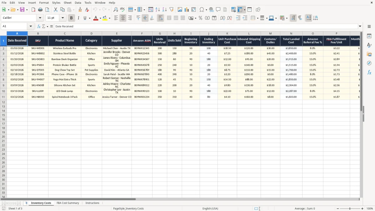 Screenshot 1: Inventory Costs tab - Excel template amazon fba inventory cost excel spreadsheet