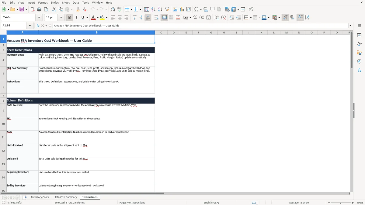 Screenshot 3: Instructions tab - Excel template amazon fba inventory cost excel spreadsheet