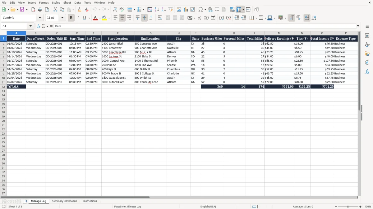 Screenshot 1: Mileage Log tab - Excel template doordash driver mileage log excel template