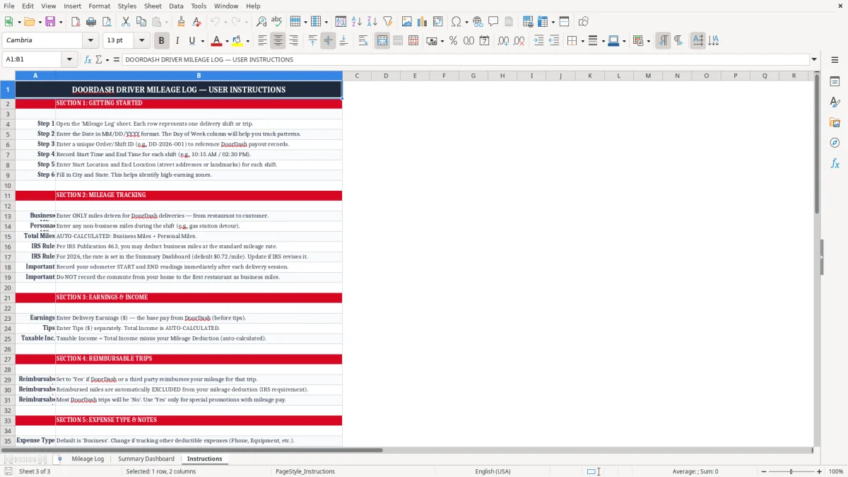 Screenshot 3: Instructions tab - Excel template doordash driver mileage log excel template