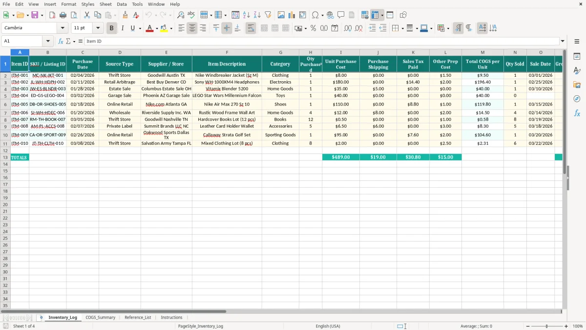 Screenshot 1: Inventory_Log tab - Excel template ebay reseller cost of goods excel template