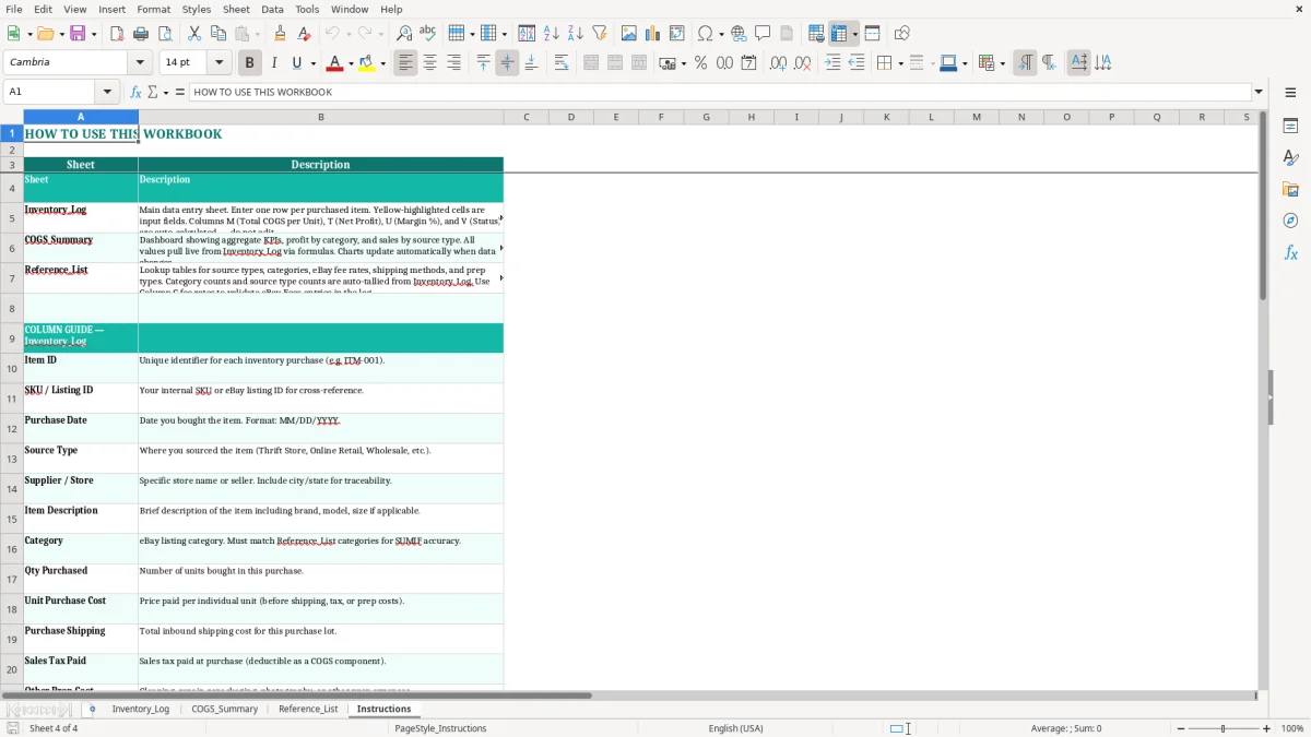 Screenshot 4: Instructions tab - Excel template ebay reseller cost of goods excel template