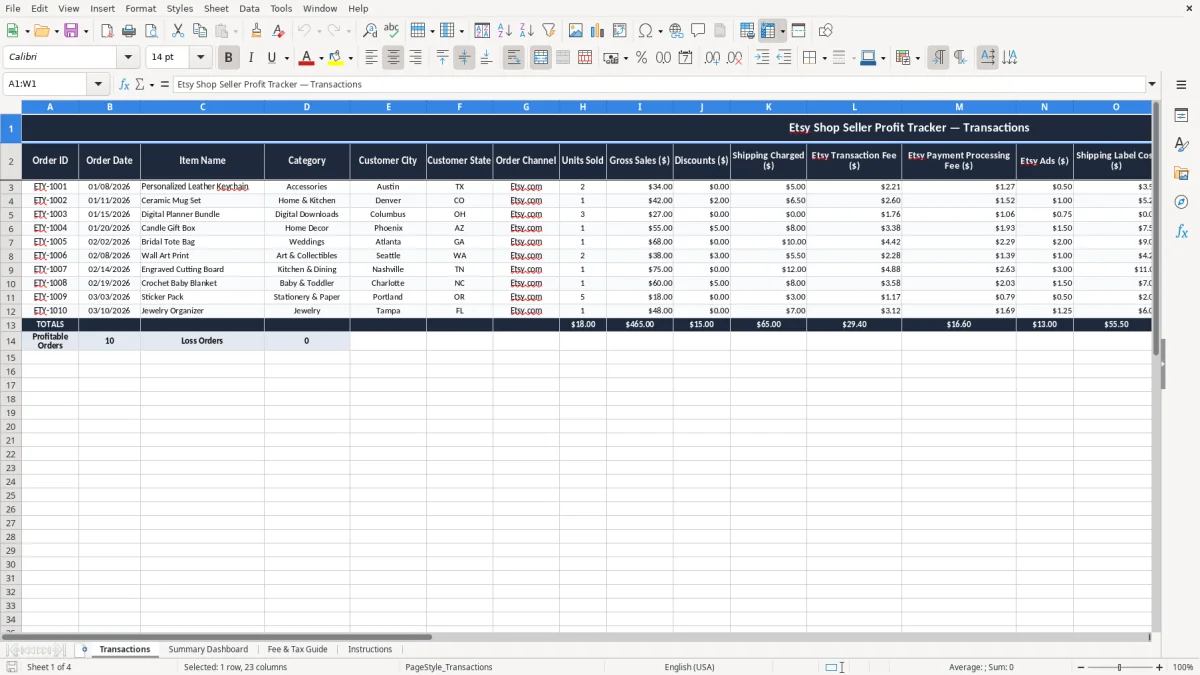 Screenshot 1: Transactions tab - Excel template etsy shop seller profit tracker excel template