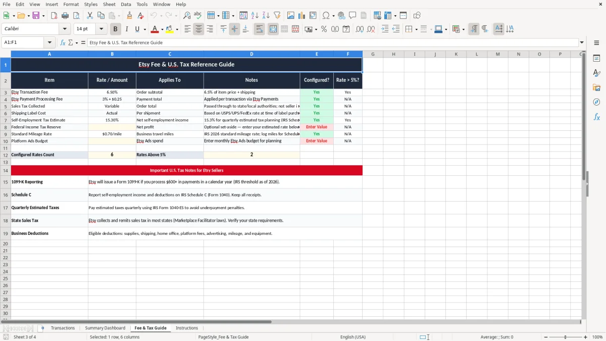 Screenshot 3: Fee & Tax Guide tab - Excel template etsy shop seller profit tracker excel template