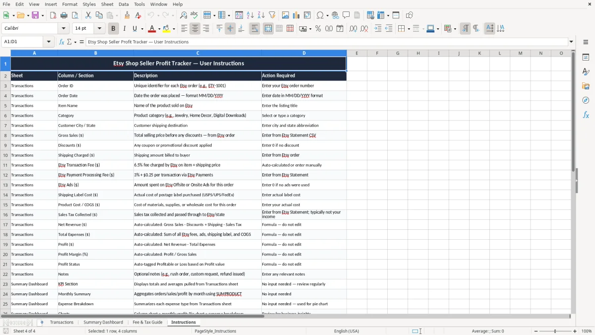 Screenshot 4: Instructions tab - Excel template etsy shop seller profit tracker excel template