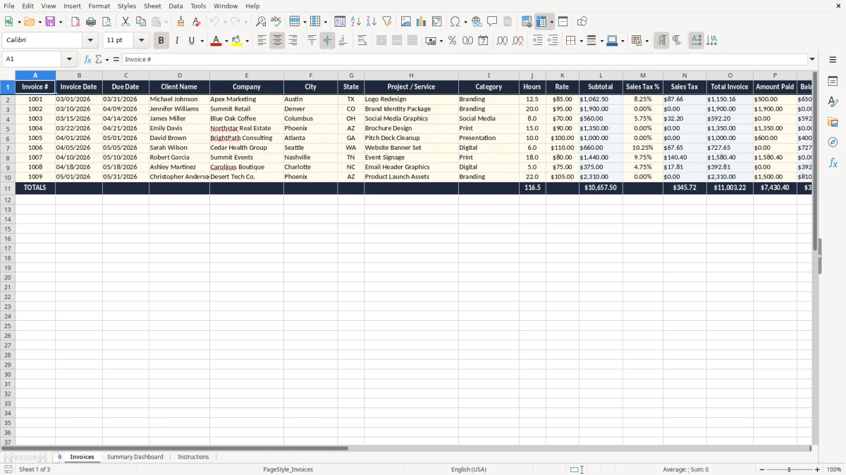 Screenshot 1: Invoices tab - Excel template freelance graphic designer invoice tracker excel template