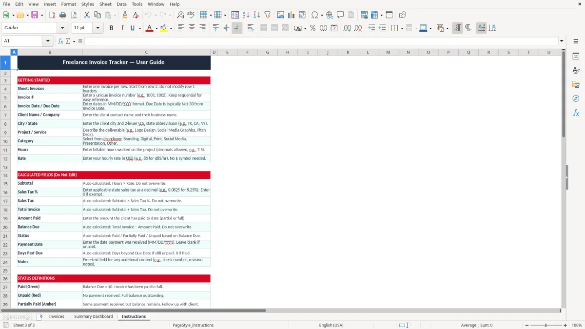 Screenshot 3: Instructions tab - Excel template freelance graphic designer invoice tracker excel template