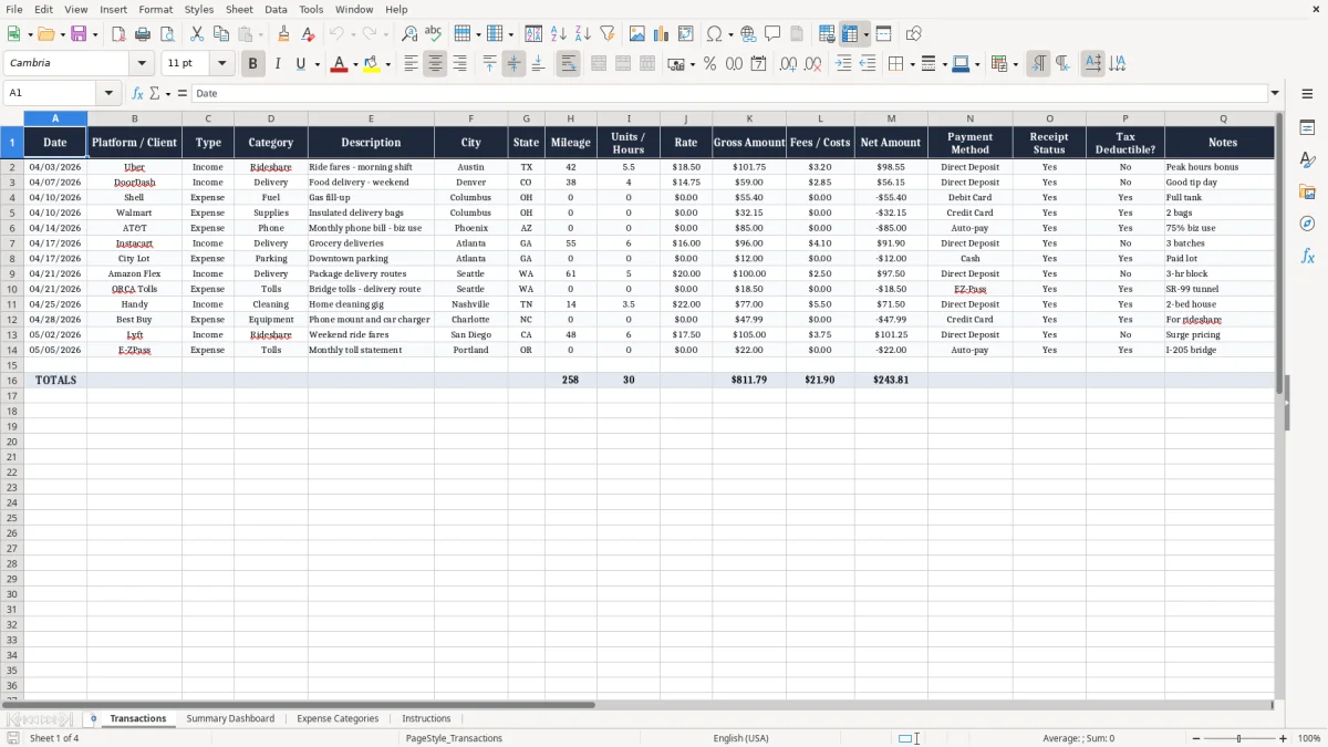 Screenshot 1: Transactions tab - Excel template gig worker income and expense excel spreadsheet