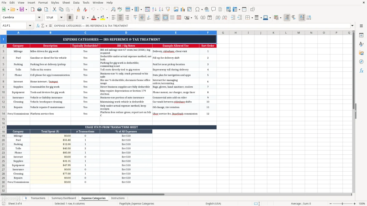 Screenshot 3: Expense Categories tab - Excel template gig worker income and expense excel spreadsheet