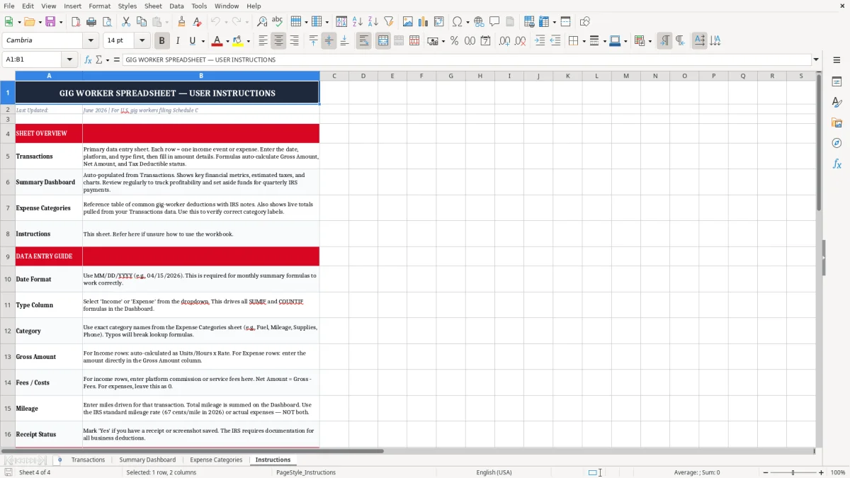 Screenshot 4: Instructions tab - Excel template gig worker income and expense excel spreadsheet