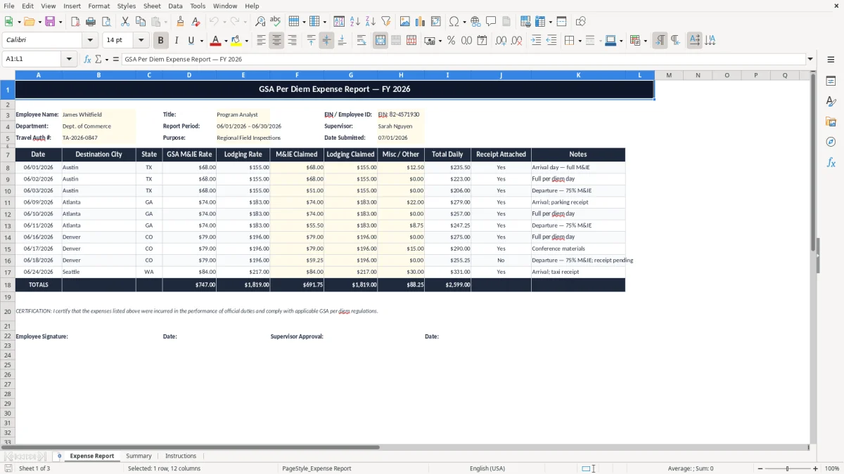 Screenshot 1: Expense Report tab - Excel template gsa per diem expense report excel spreadsheet