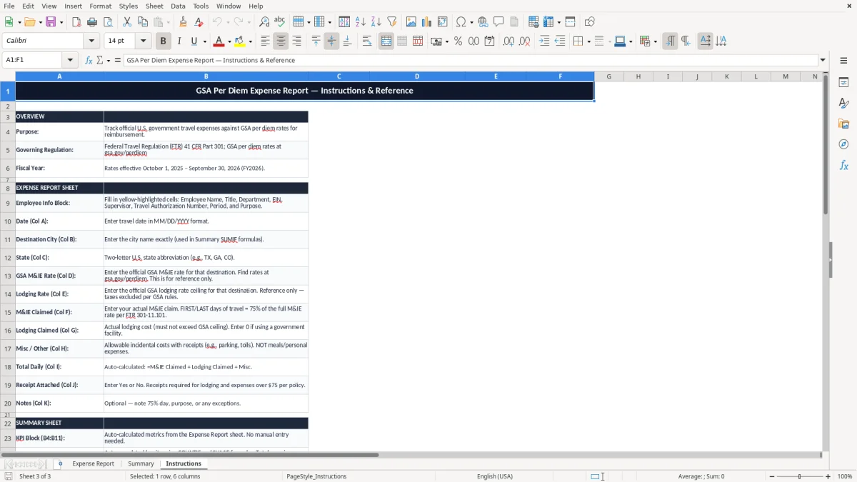 Screenshot 3: Instructions tab - Excel template gsa per diem expense report excel spreadsheet