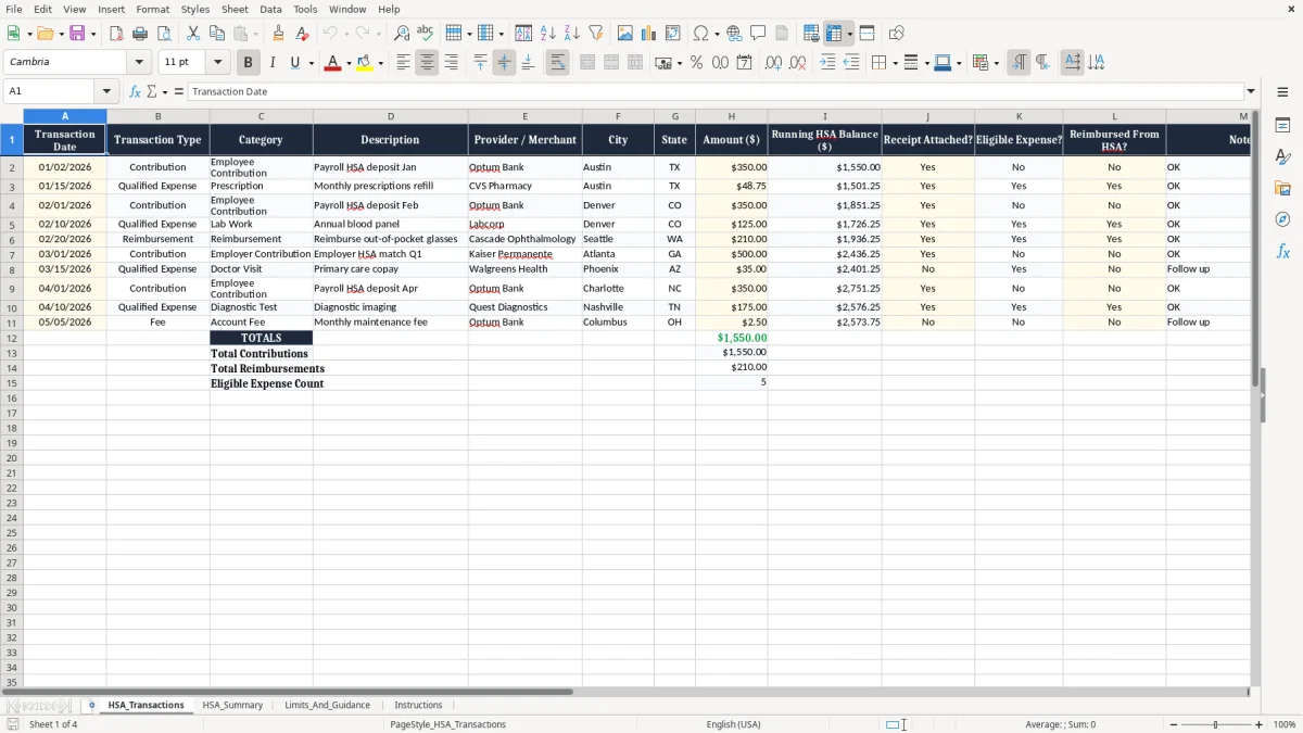 Screenshot 1: HSA_Transactions tab - Excel template hsa contribution and reimbursement tracker excel spreadsheet