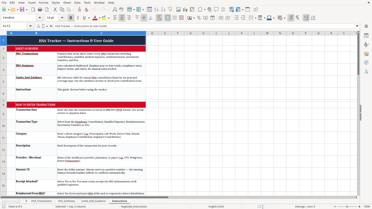 Screenshot 4: Instructions tab - Excel template hsa contribution and reimbursement tracker excel spreadsheet