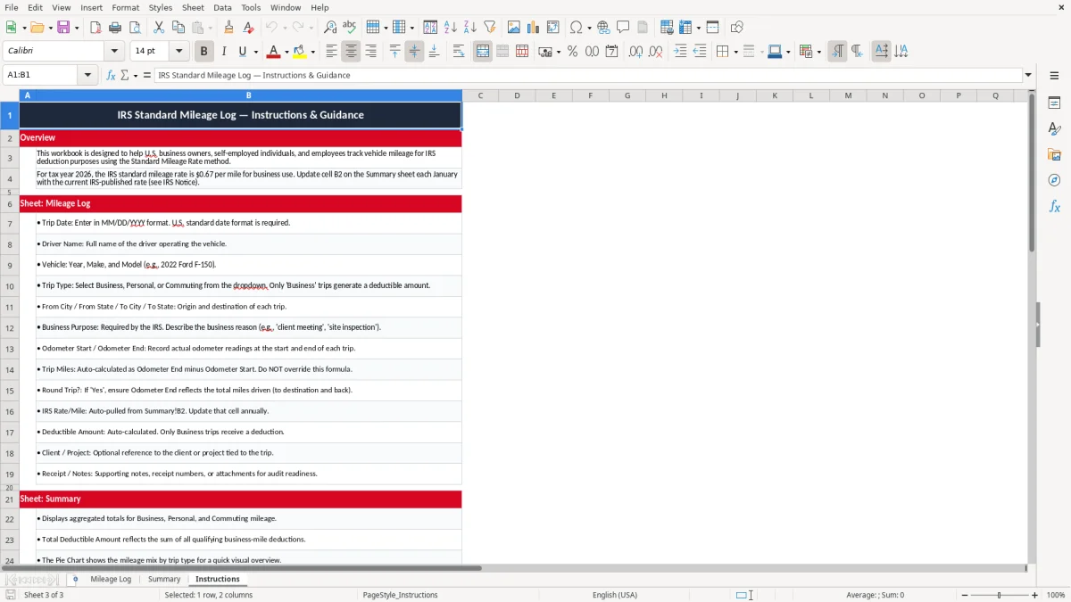 Screenshot 3: Instructions tab - Excel template irs standard mileage log excel template