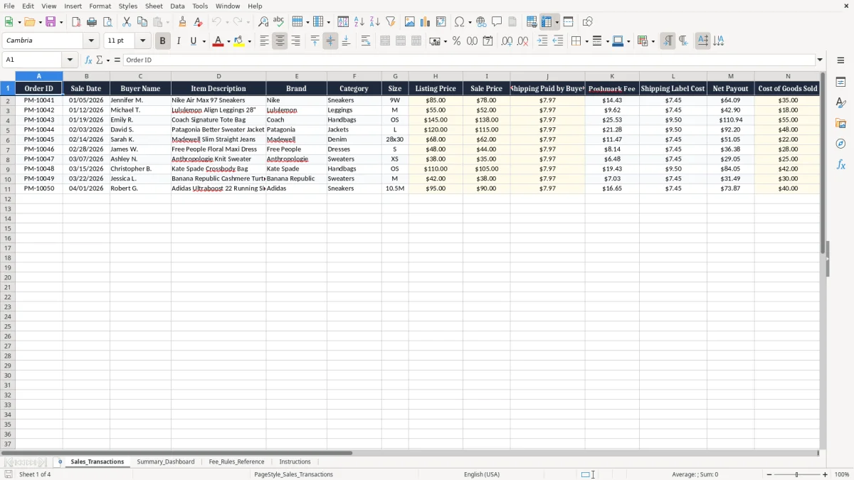 Screenshot 1: Sales_Transactions tab - Excel template poshmark sales and fees tracker excel spreadsheet
