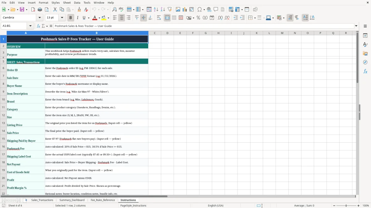Screenshot 4: Instructions tab - Excel template poshmark sales and fees tracker excel spreadsheet