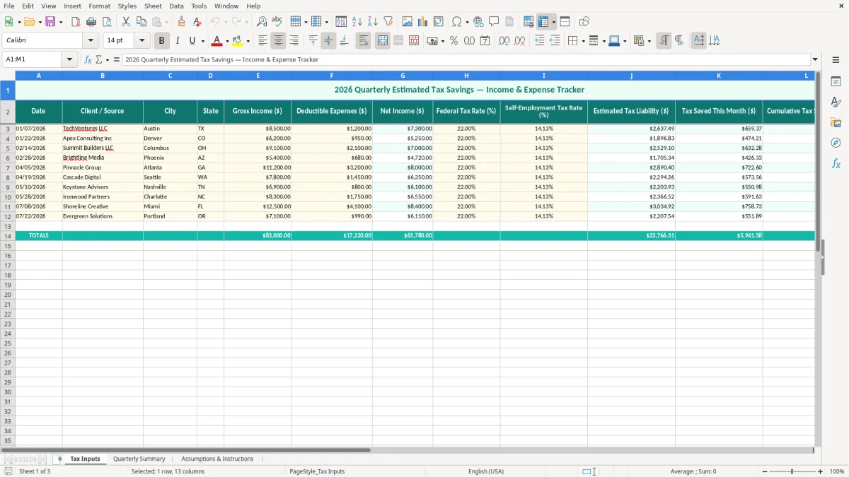 Screenshot 1: Tax Inputs tab - Excel template quarterly estimated tax savings excel spreadsheet