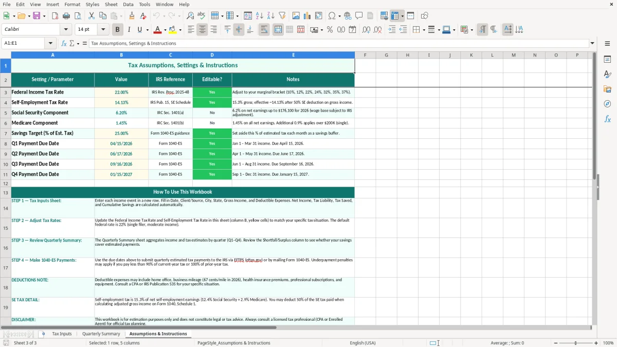 Screenshot 3: Assumptions & Instructions tab - Excel template quarterly estimated tax savings excel spreadsheet