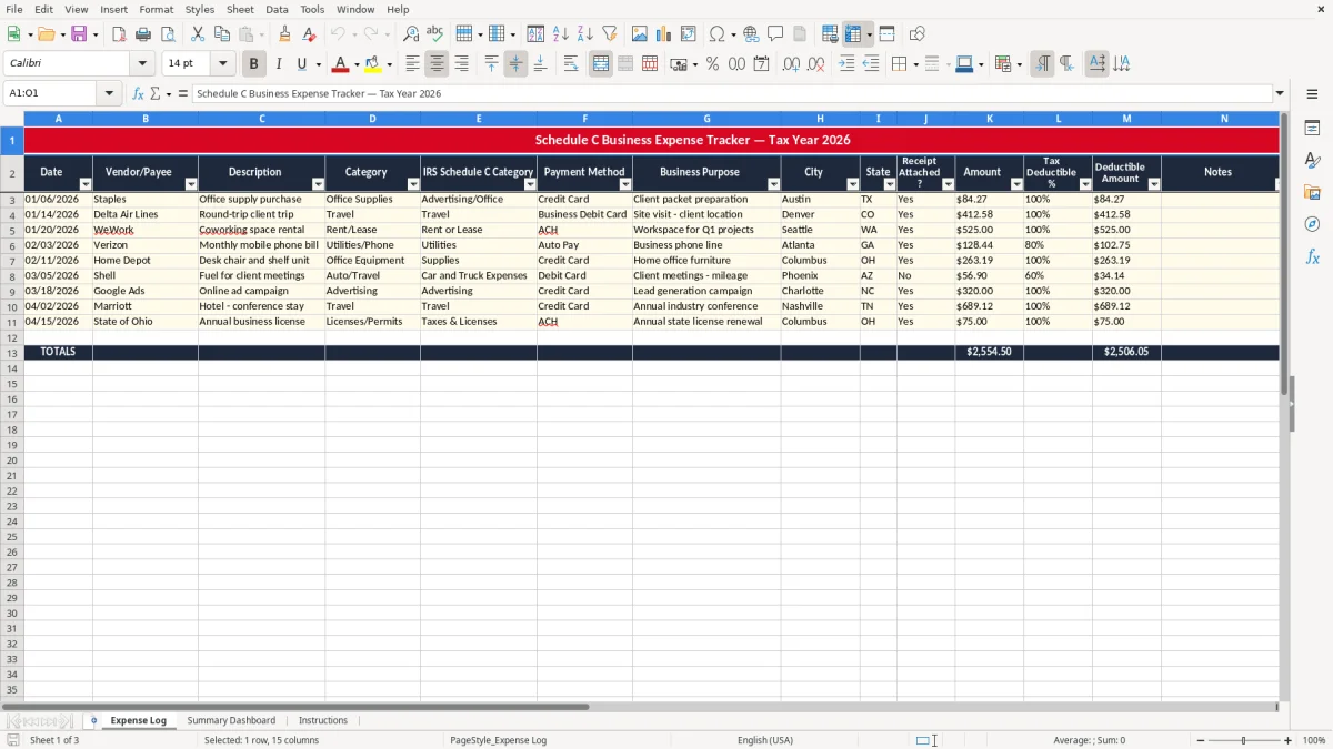 Skärmbild 1: fliken Expense Log - Excelmall schedule c expense tracker excel template