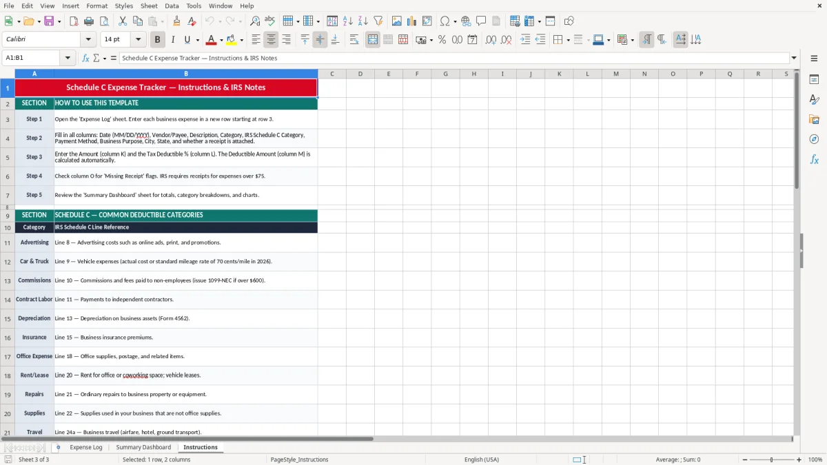 Skärmbild 3: fliken Instructions - Excelmall schedule c expense tracker excel template