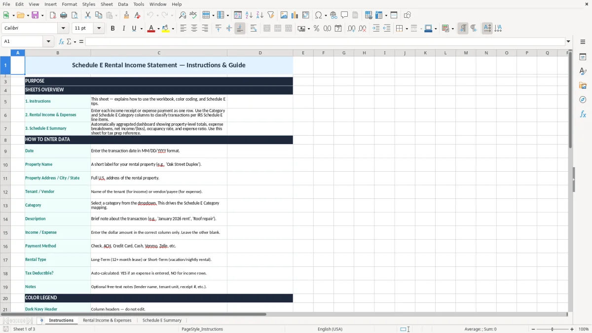 Screenshot 1: Instructions tab - Excel template schedule e rental income statement excel template