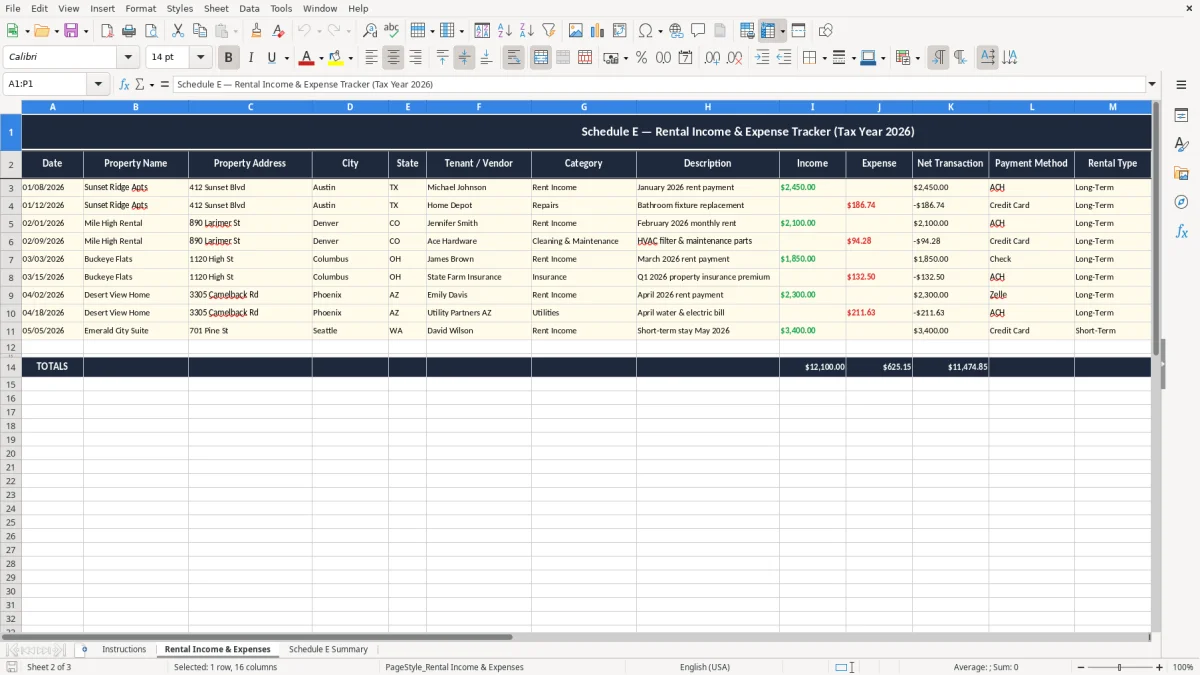 Screenshot 2: Rental Income & Expenses tab - Excel template schedule e rental income statement excel template