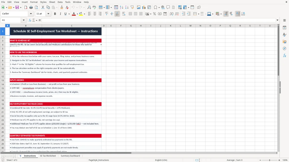 Skärmbild 1: fliken Instructions - Excelmall schedule se self employment tax worksheet excel template