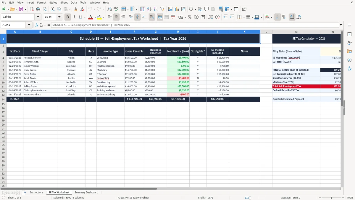 Skärmbild 2: fliken SE Tax Worksheet - Excelmall schedule se self employment tax worksheet excel template