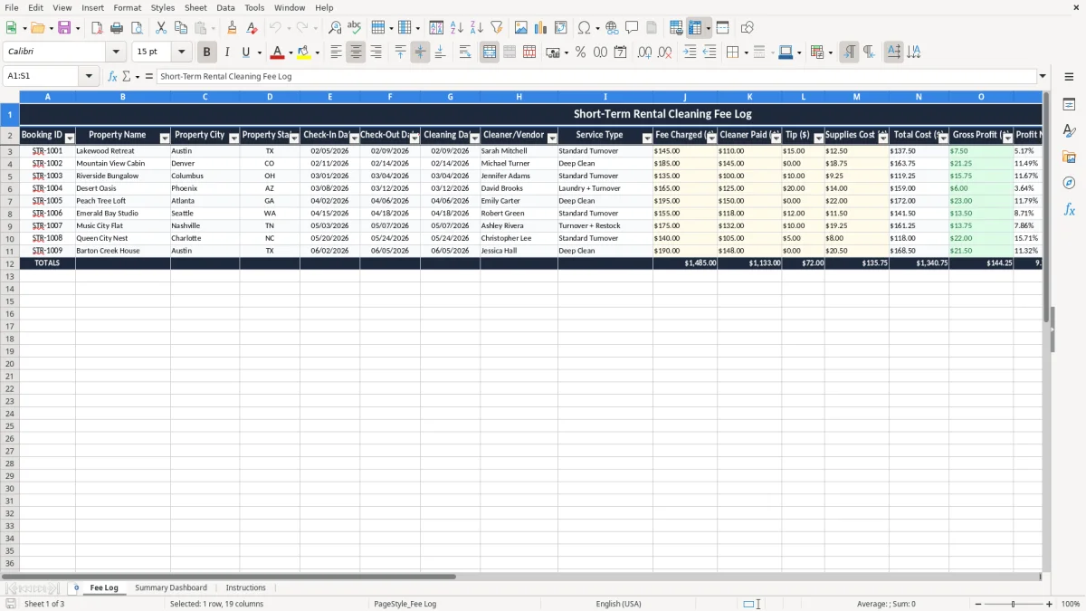 Screenshot 1: Fee Log tab - Excel template short term rental cleaning fee log excel spreadsheet