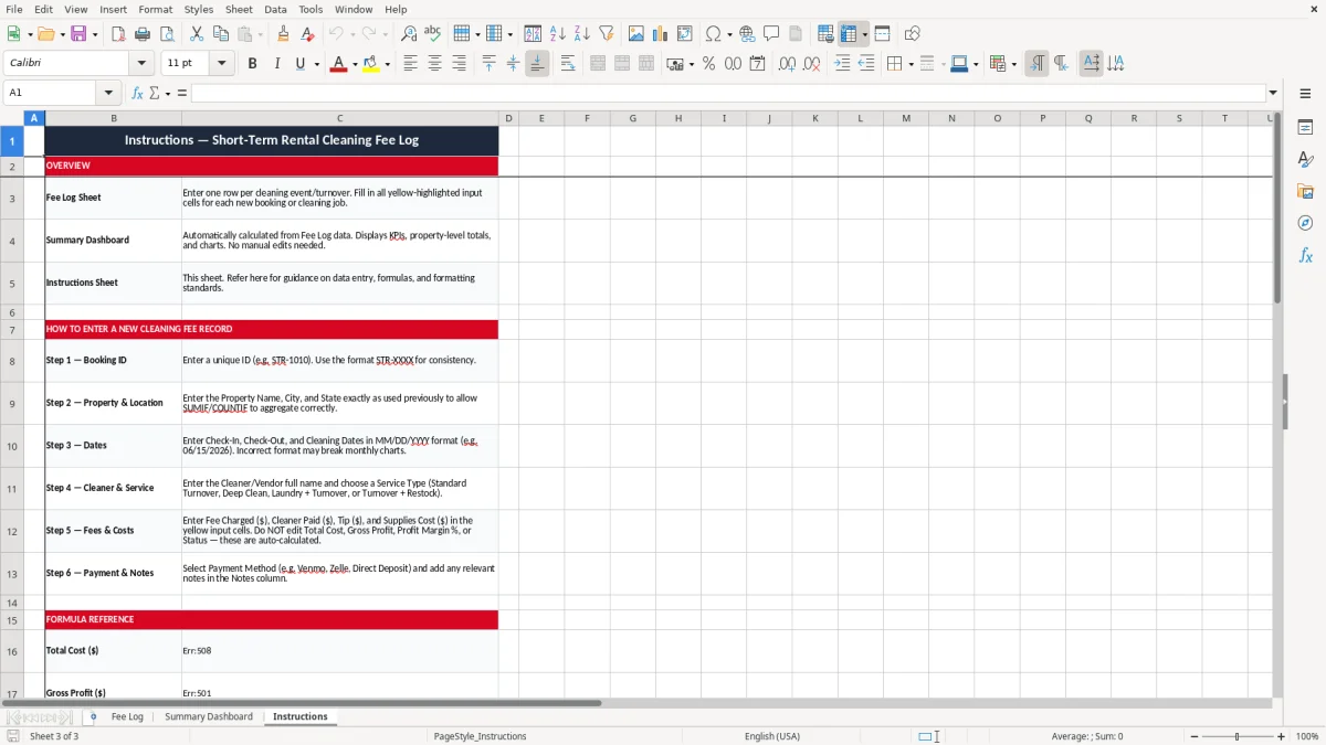 Screenshot 3: Instructions tab - Excel template short term rental cleaning fee log excel spreadsheet