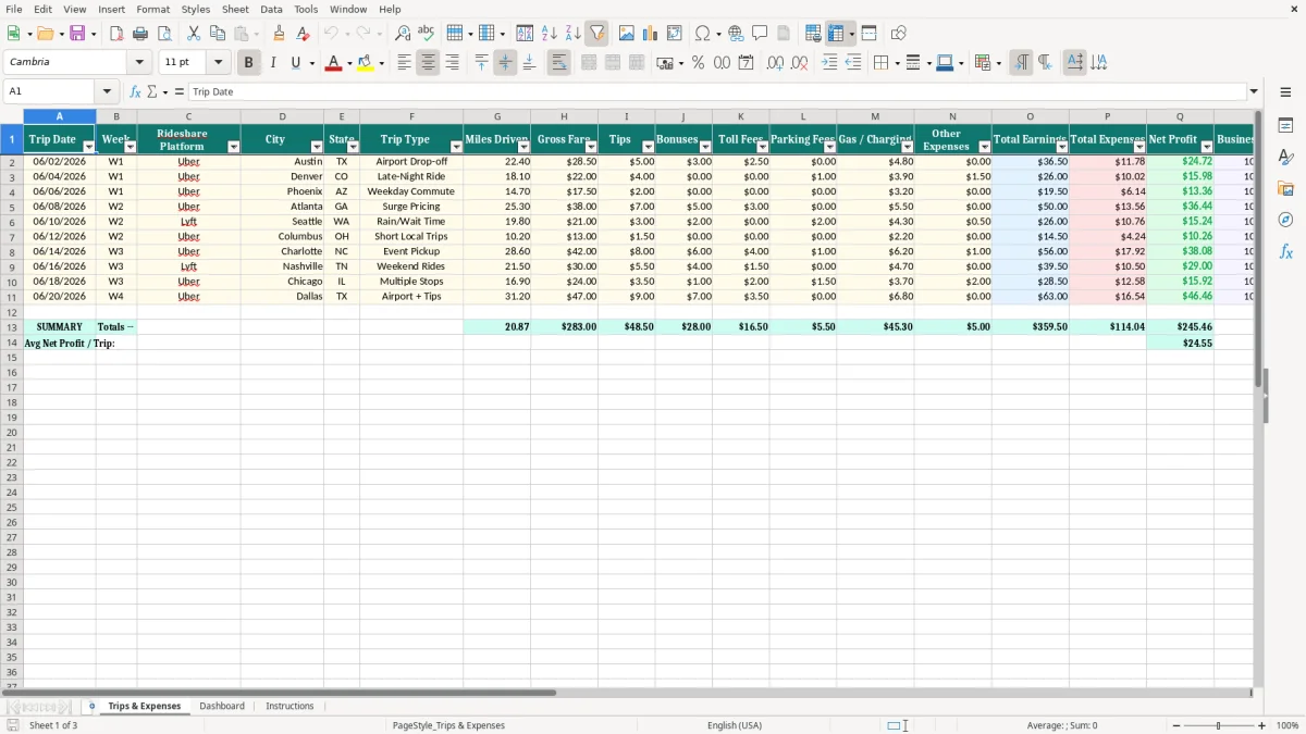 Screenshot 1: Trips & Expenses tab - Excel template uber driver earnings and expenses excel spreadsheet