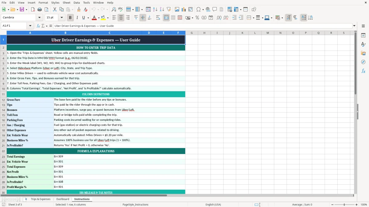 Screenshot 3: Instructions tab - Excel template uber driver earnings and expenses excel spreadsheet