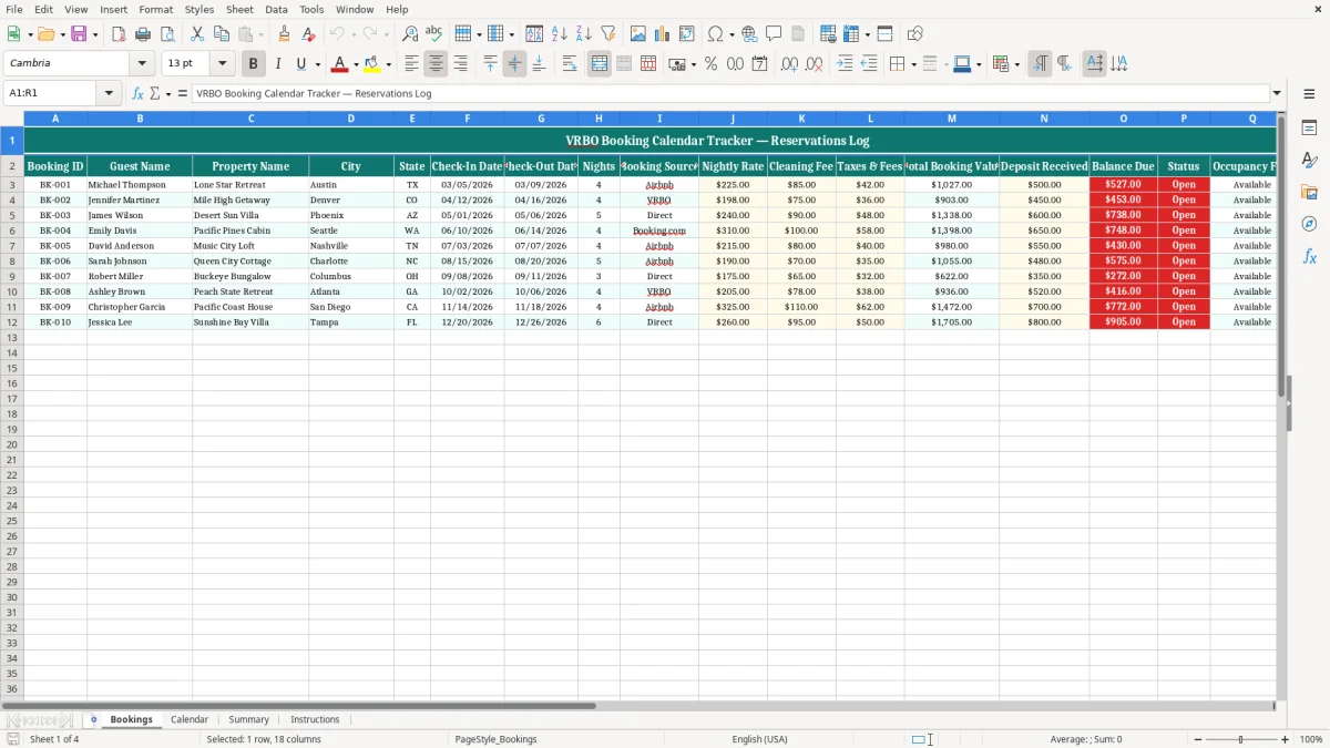 Screenshot 1: Bookings tab - Excel template vrbo booking calendar tracker excel template