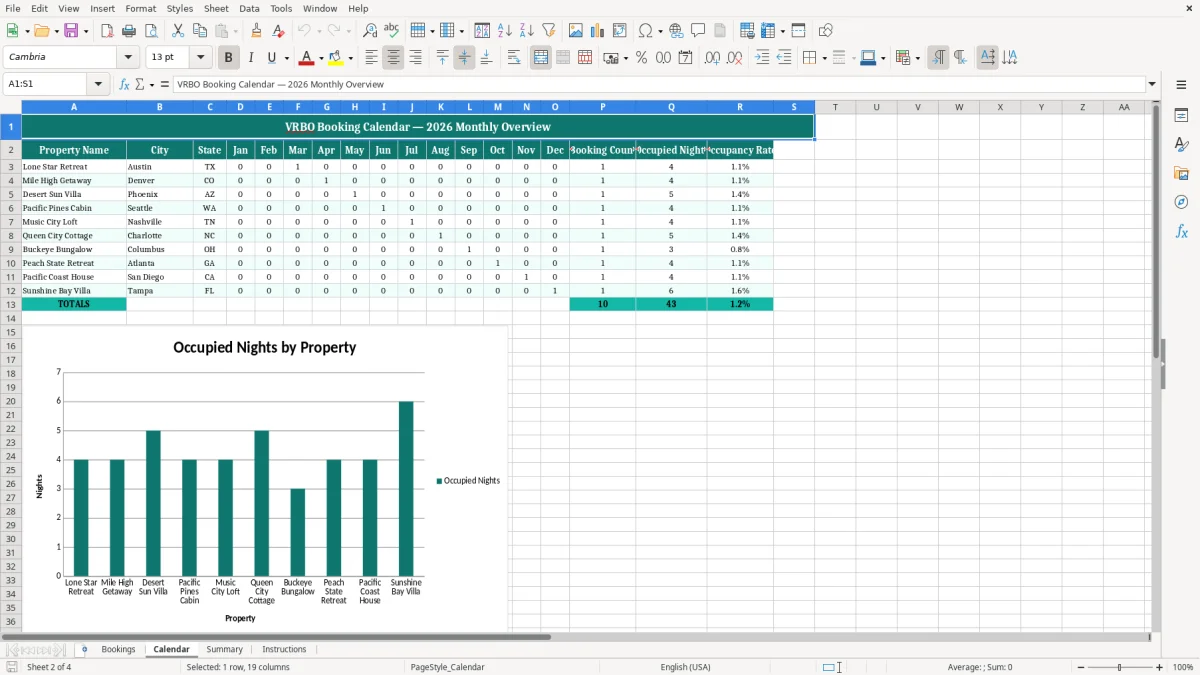 Screenshot 2: Calendar tab - Excel template vrbo booking calendar tracker excel template