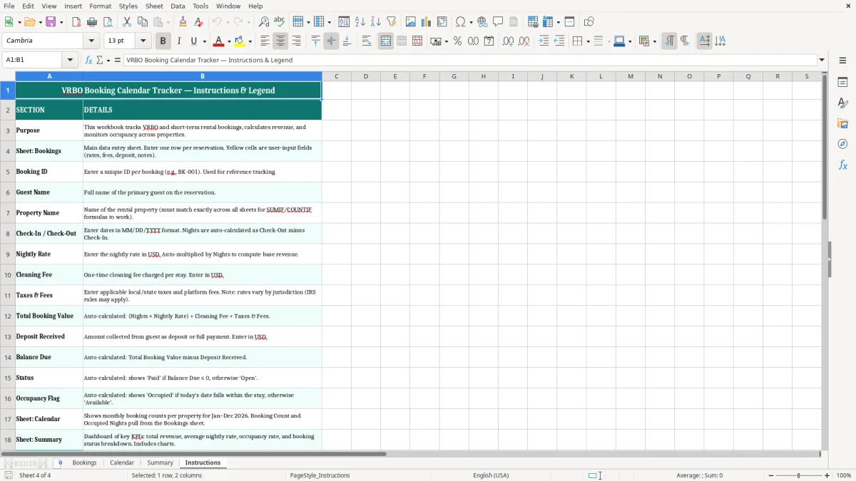 Screenshot 4: Instructions tab - Excel template vrbo booking calendar tracker excel template
