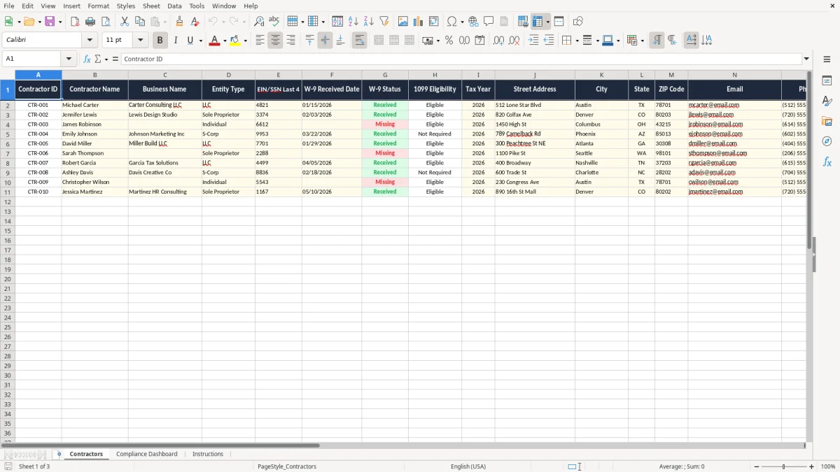 Screenshot 1: Contractors tab - Excel template w9 contractor information tracker excel template