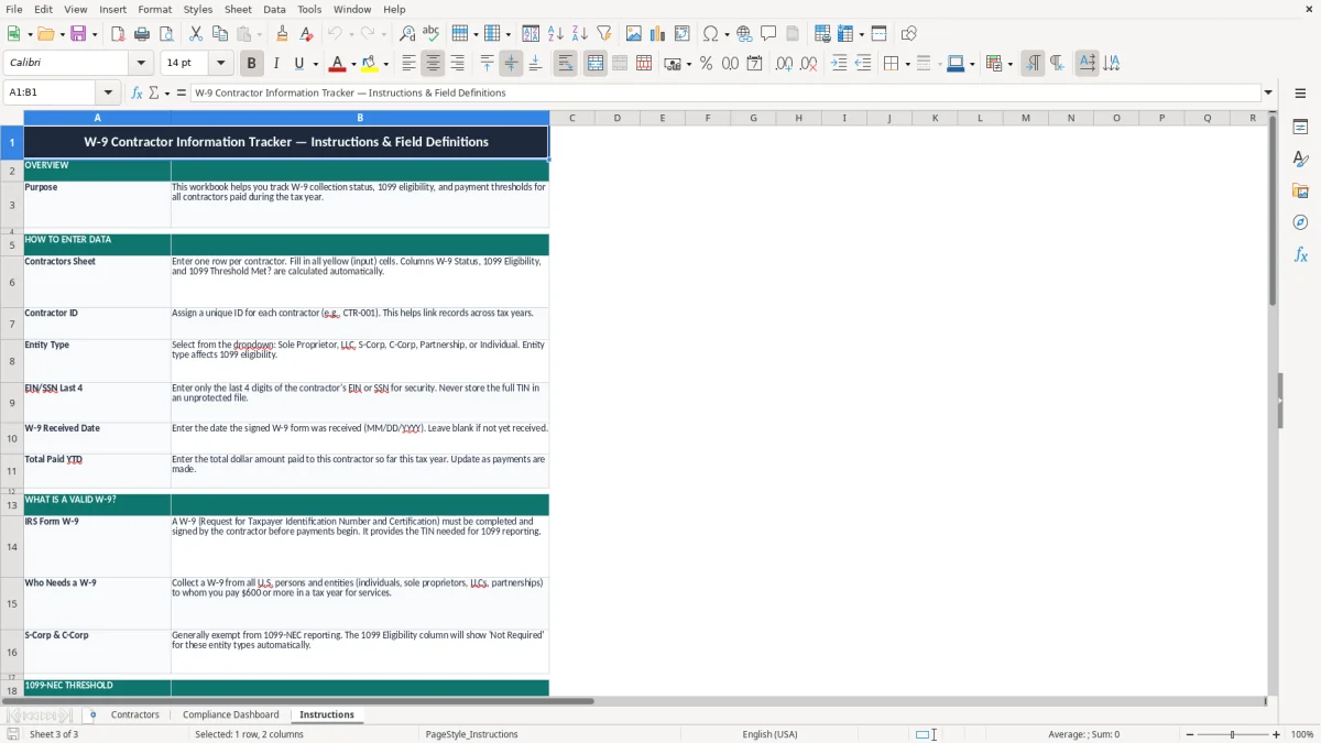 Screenshot 3: Instructions tab - Excel template w9 contractor information tracker excel template