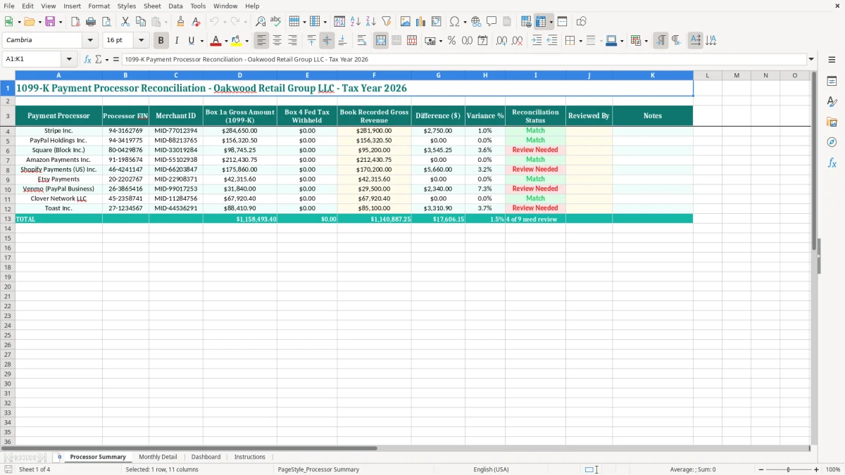 Screenshot 1: Processor Summary tab - Excel template 1099 k payment processor reconciliation excel spreadsheet
