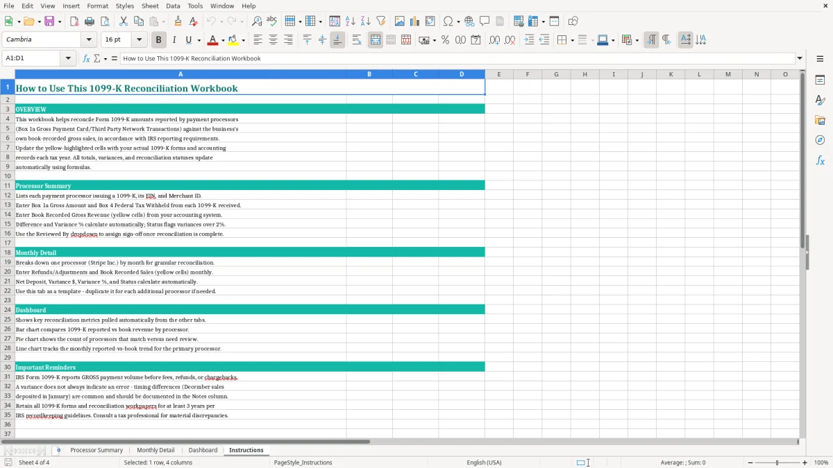 Screenshot 4: Instructions tab - Excel template 1099 k payment processor reconciliation excel spreadsheet