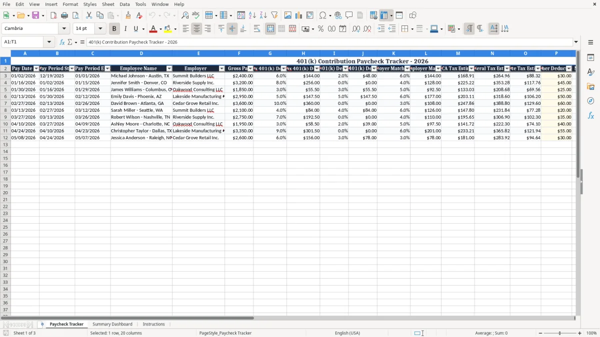 Screenshot 1: Paycheck Tracker tab - Excel template 401k contribution paycheck tracker excel spreadsheet