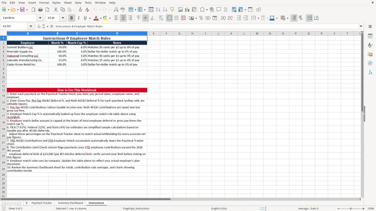 Screenshot 3: Instructions tab - Excel template 401k contribution paycheck tracker excel spreadsheet
