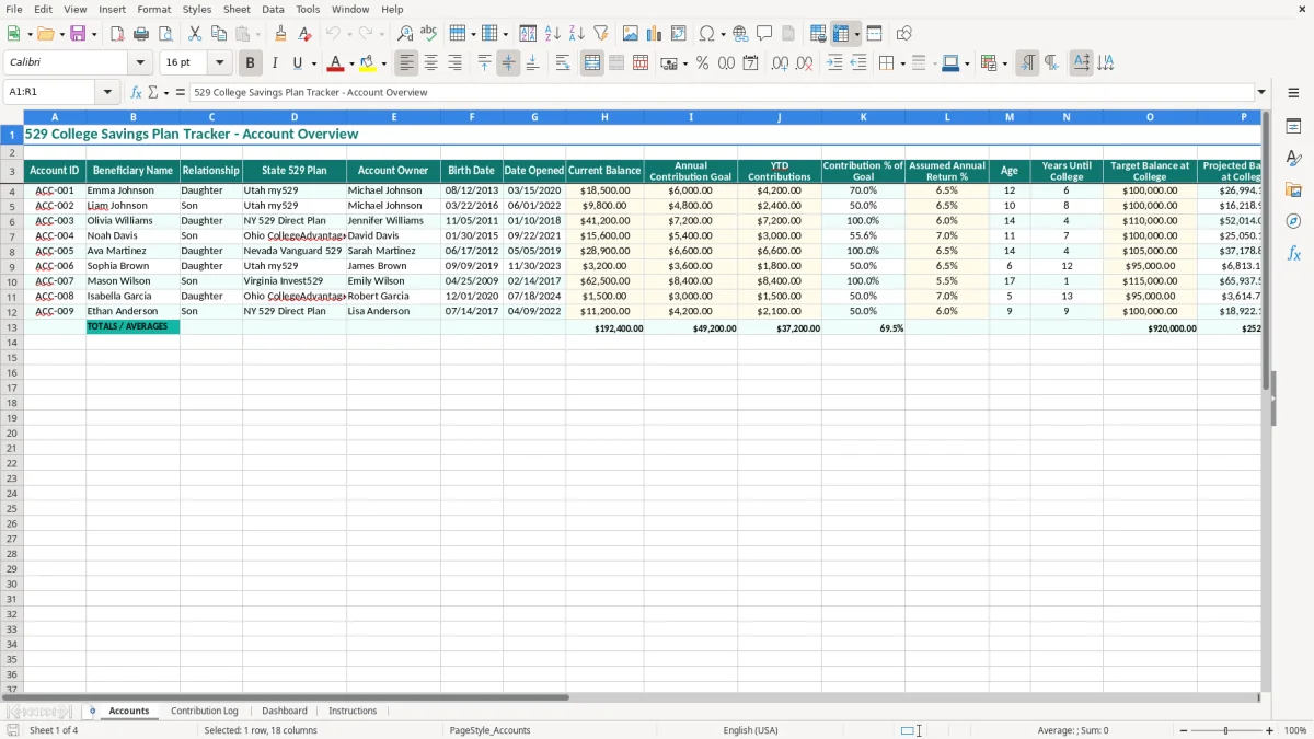 Screenshot 1: Accounts tab - Excel template 529 college savings plan tracker excel spreadsheet